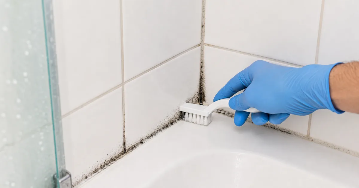 Main gantée tenant une brosse pour nettoyer un joint de salle de bain noirci par la moisissure