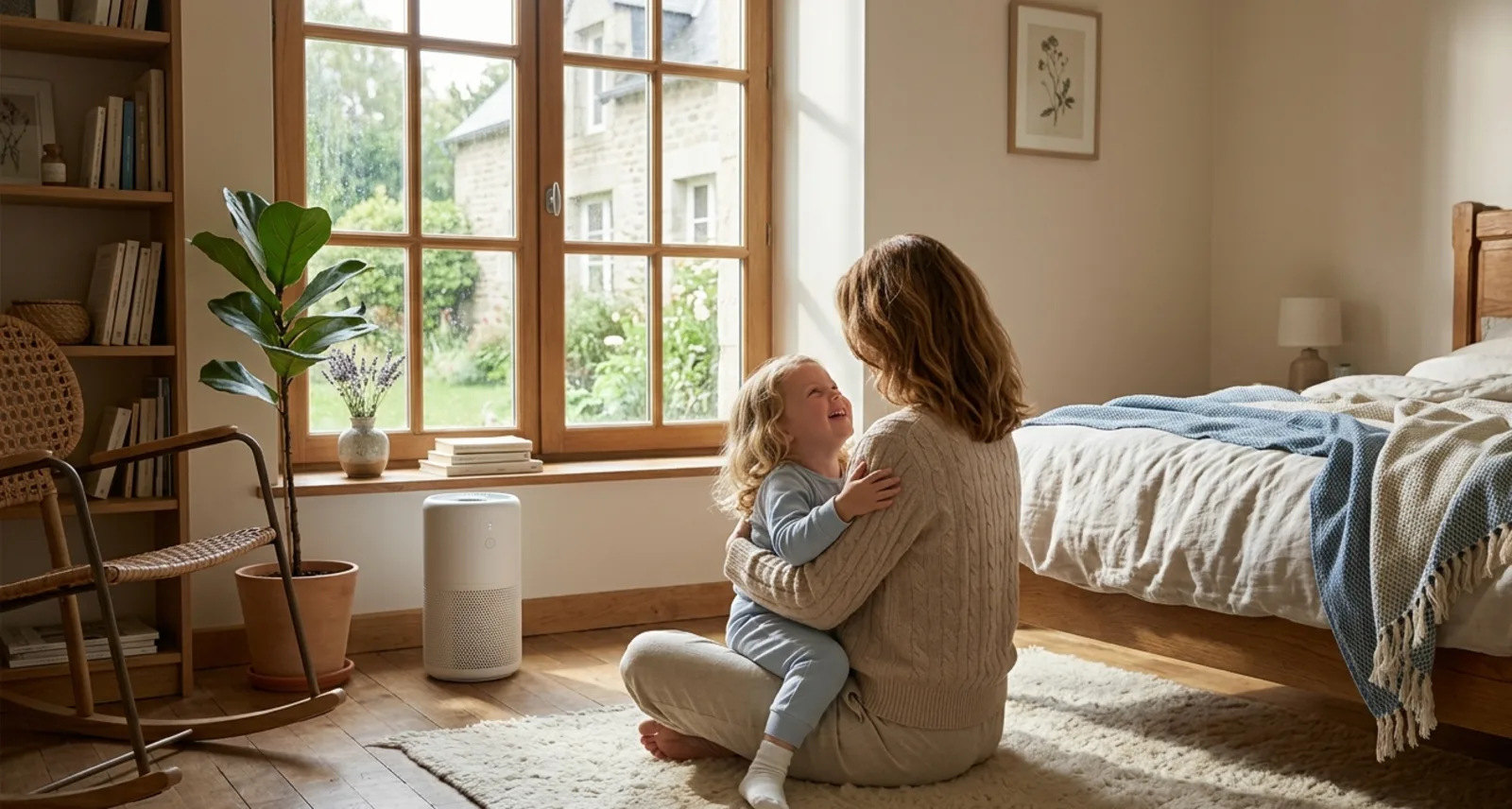 Parent et enfant dans une chambre saine avec un purificateur d'air