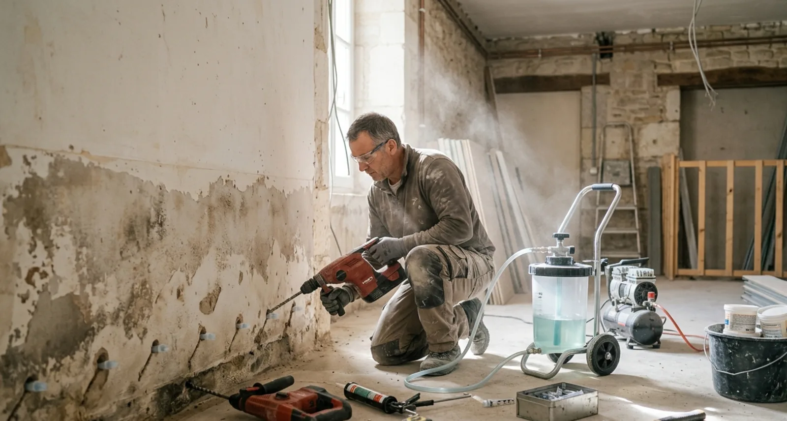 Artisan traitant des remontées capillaires par injection à la base d'un mur