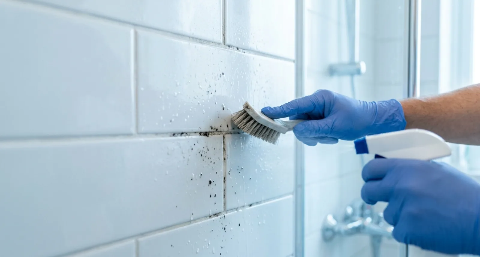 Nettoyage de la moisissure d'un joint de salle de bain avec une brosse